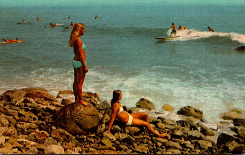 Risque Semi Nude Girls Wearing Bikinis Watching Surfers At malibu