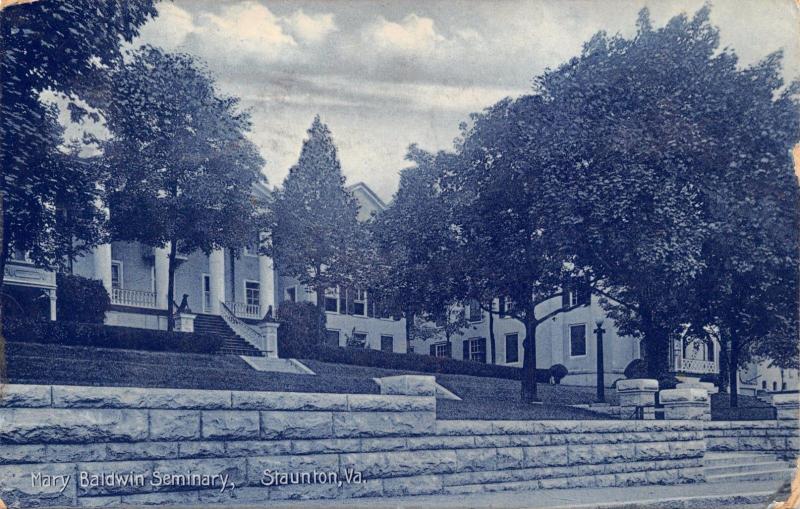 STAUNTION VIRGINIA~MARY BALDWIN SEMINARY~BEVERLY CIGAR STORE POSTCARD 1908 PSTMK