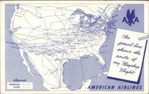 American Airlines Route Map Airline Issued Adv c1940s Postcard