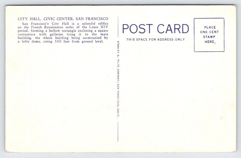 Linen Postcard City Hall, Civic Center, San Francisco California  P2