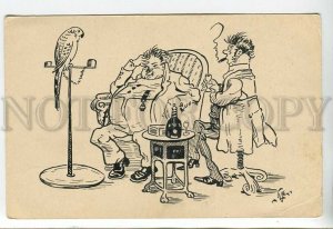 443897 Russia MOLLWO Drunk Rich Man PARROT CARICATURE HAND PAINTED postcard INK