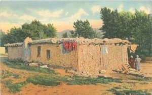 1947 New Mexico Mud Hut, Jacal, Indigenous Women, Chile Ristas Linen Postcard