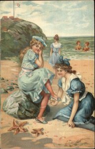 Bathing Beauty Women Star Fish on Beach c1910 Embossed Postcard