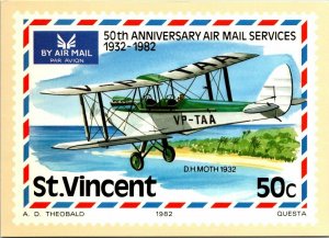 VINTAGE CONTINENTAL SIZE POSTCARD D. H. MOTH AIRCRAFT POSTAL CARD ST. VINCENT
