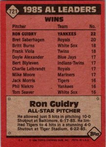 1986 Topps Baseball Card AL All Star Ron Guidry sk10688