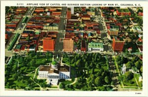 Aerial View Linen Postcard Main Street Columbia South Carolina