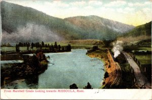 Marshall Grade toward Missoula Montana Postcard train on railroad tracks 1909