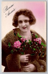 RPPC Pretty Woman Pink Flowers Tinted Photo New Year Real Photo Postcard S21