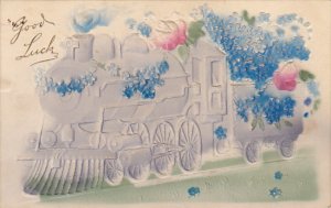 Embossed Locomotive Decorated With Blue Flowers and Red Roses 1910