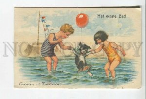 478172 THIELE Cute Girl Bathing Suit boy Terrier Dog ZANDVOORT Netherlands