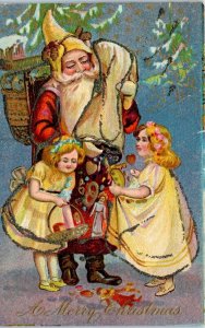 1900s A Merry Christmas Santa Claus Children Mica Glitter Embossed Postcard