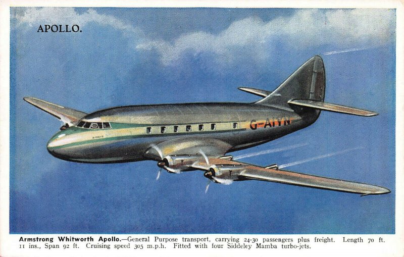 Armstrong Whitworth Apollo, 4 Engine Plane, Circa 1940's Postcard, Unused