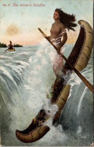 Indian's Sacrifice, Indian Maid in Canoe Over Waterfall UDB Vintage Postcard O57