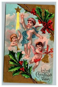 Vintage 1910's Christmas Postcard Angels Play Trumpet Bells North Star Mistletoe
