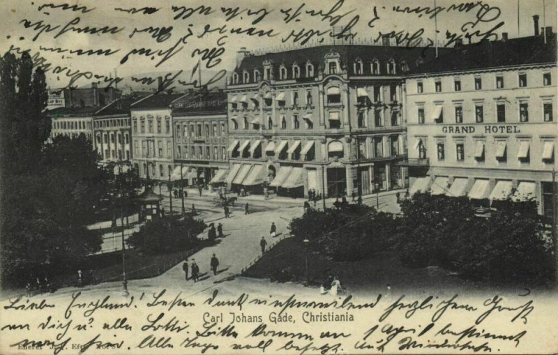 norway norge, CHRISTIANIA, Carl Johans Gade, Grand Hotel (1906) Postcard