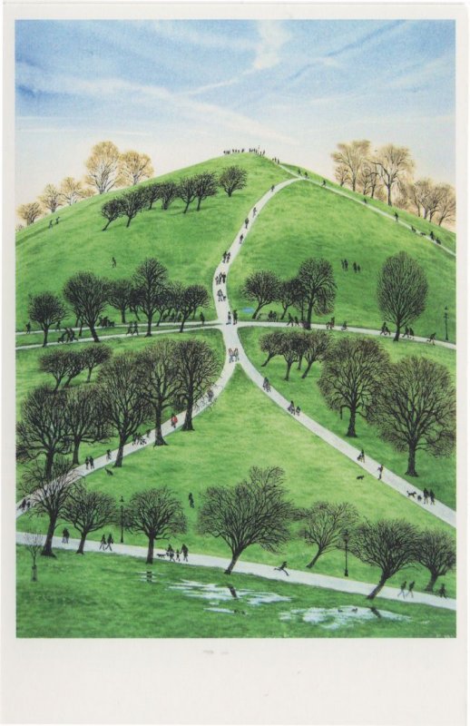 Primrose Hill in Chilly Spring Rain Puddles London Painting Postcard