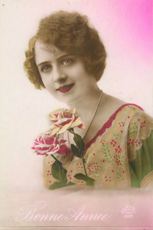 Postcard early woman lady greeting smile hairstyle elegance charm bouquet dress