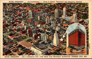 Vtg 1930s Aerial View of Kansas City and Hotel President Missouri MO Postcard