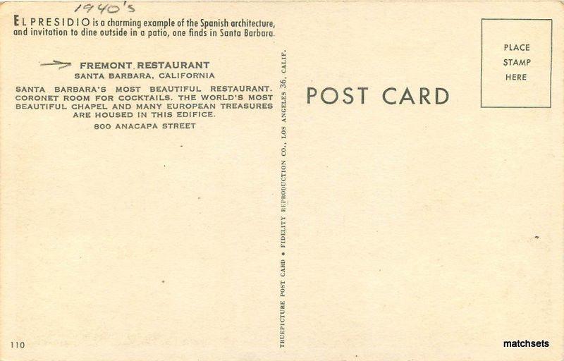1940s Fremont Restaurant SANTA BARBARA CALIFORNIA Postcard 1605