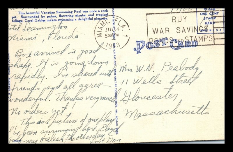 1943 Ensign USNR Miami FL BUY WAR SAVINGS BONDS CANCEL WWII Linen Postcard 121 