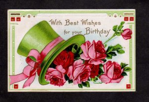 Best Birthday Wishes Roses Embossed Irish Green Hat Postcard Greetings 1910