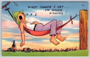 First Chance I Get I'm Going Fishing! 3 Beer Siesta, Hammock, Comic Postcard