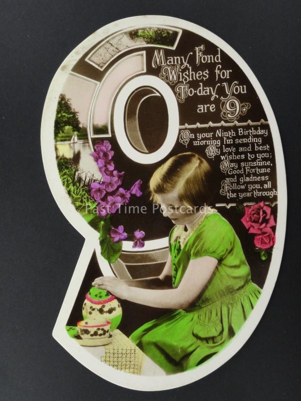 c1930's LITTLE GIRL & TEA POT & CUP OF TEA Cut Out Numeral 9th Birthday Postcard