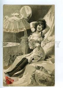 202269 ART NOUVEAU Lady PIN-UP w/ LAMP Vintage postcard