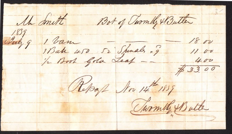 Thomaston ME bills for weathervane/incidentals –Methodist Meeting House -1839