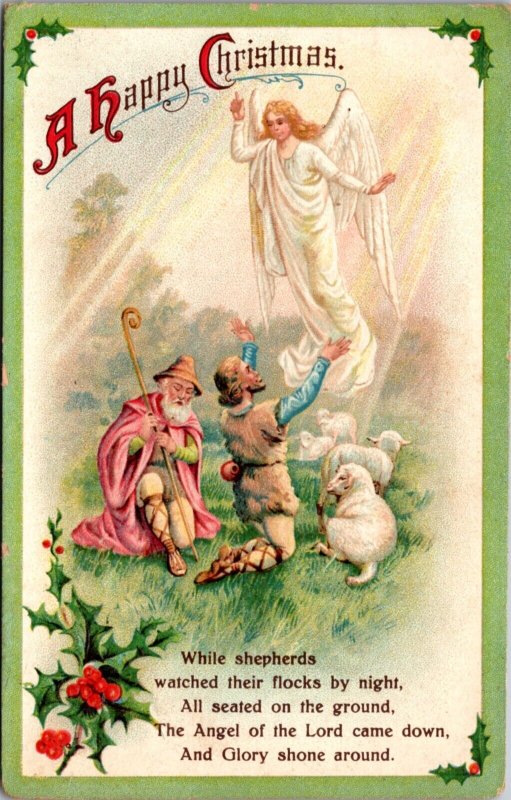 Christmas Postcard Angel Floating Over Shepherds and Flock of Sheep