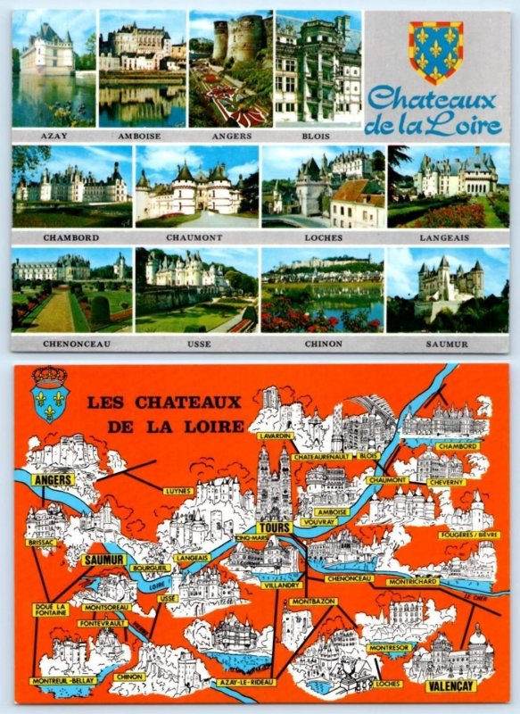 2 Postcards Illustrated Map LES CHATEAUX de la LOIRE, France