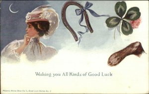 Phoenix Horse Shoe Co Good Luck Horseshoe Pretty Woman Rabbit Foot Postcard