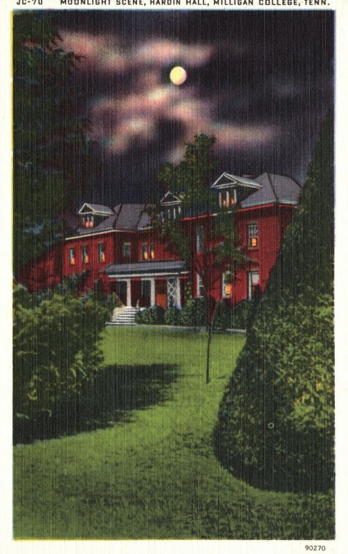 Vintage Postcard 1930's Moonlight Scene Hardin Hall Milligan College Tennessee