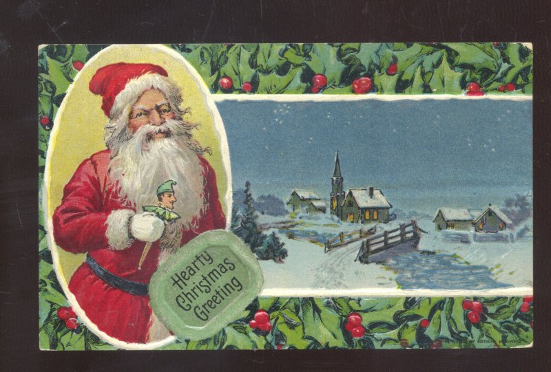 SANTA CLAUS RED ROBE NIGHT SCENE VINTAGE CHRISTMAS POSTCARD POWNAL VERMONT