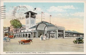 Charlotte NC Southern Station and Stonewall Hotel c1925 Postcard G28