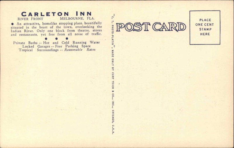 Melbourne Florida FL Carleton Inn & Grounds Hotel c1930s-40s Postcard