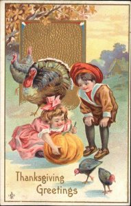 Thanksgiving Boy and Girl Pumpkin and Turkeys Stecher 204E c1910 Postcard