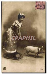 Old Postcard Cochon Pig Woman Horseshoe