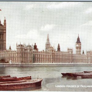 c1920s London, England Houses of Parliament Big Ben Thames River Boats Flag A360