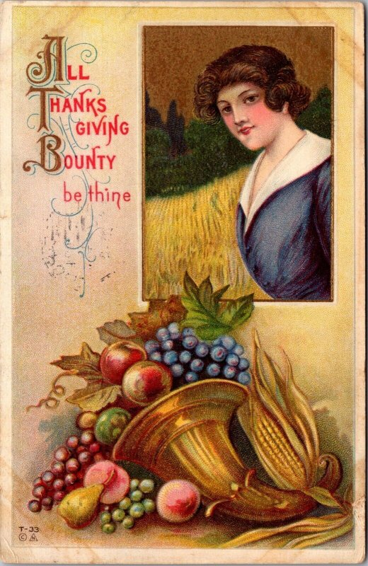 Thanksgiving Postcard Woman Horn of Plenty Cornucopia Filled with Fruits~4462