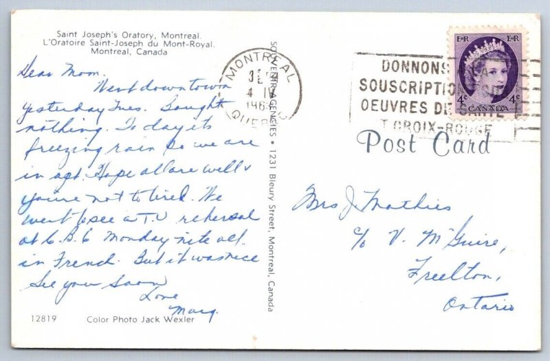 Saint Joseph's Oratory, Montreal, 1963 Postcard, Red Cross French Slogan Cancel