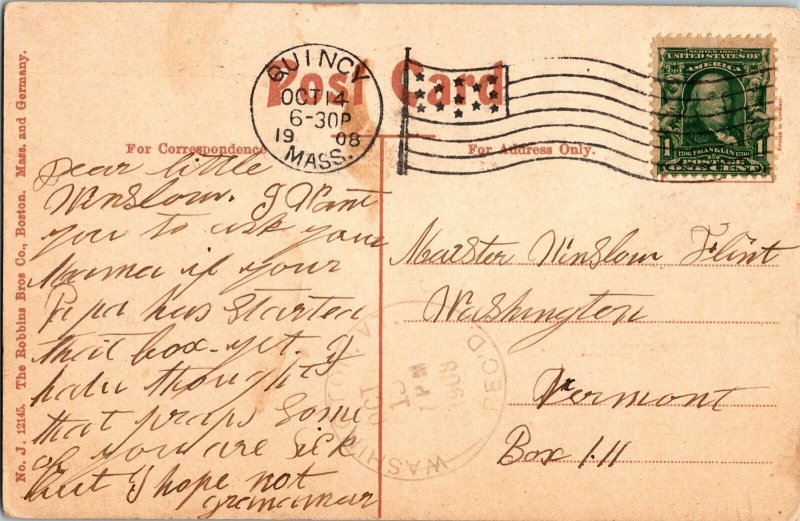 President John Quincy Adams Birthplace Quincy Mass Postcard Cancel WOB 1c Green 