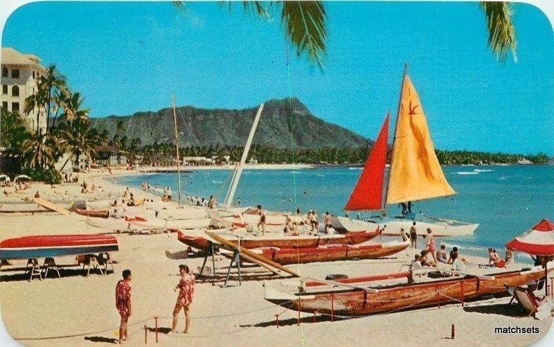 1950s Waikiki Beach  Honolulu Hawaii Sailboats Catamarans Teich postcard 5201