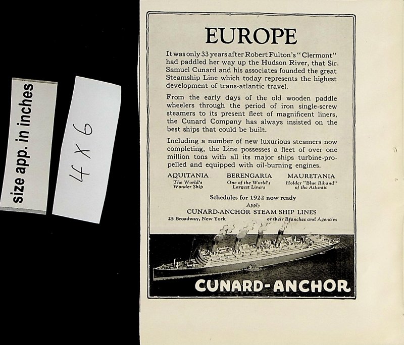 1922 Cunard-Anchor Steam Ship Lines Europe Vintage Print Ad 5746