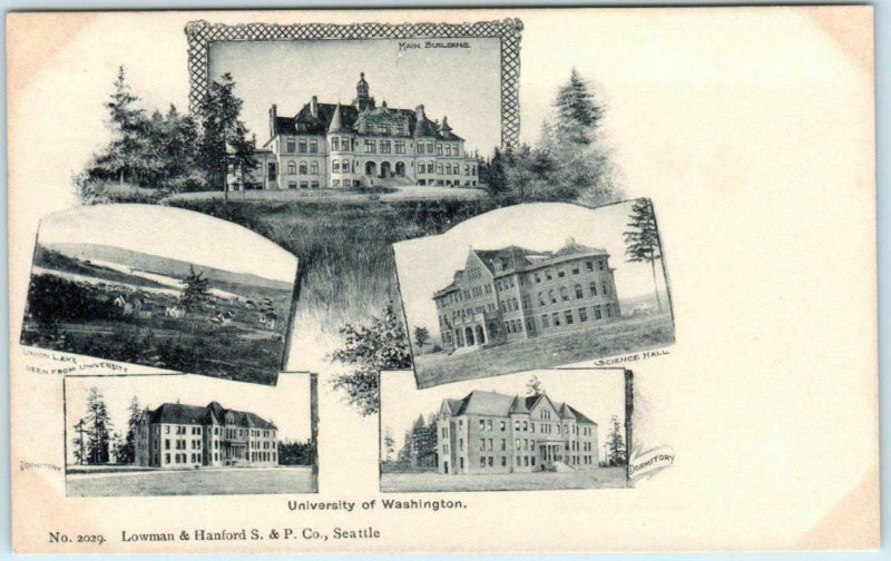 SEATTLE, WA ~ Multi View UNIVERSITY OF WASHINGTON Main Building, Dorms Postcard