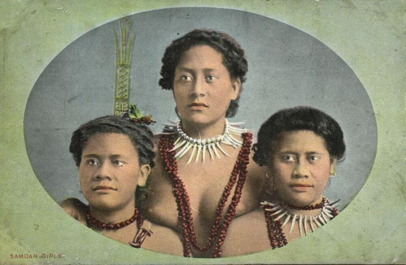 samoa, Three Beautiful Native Girls, Necklace Jewelry (1910s)