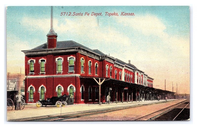 Postcard Santa Fe Depot Topeka Kansas Railroad Train Station Antique Automobile