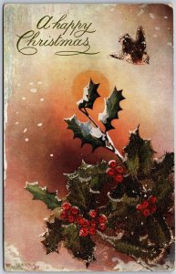Happy Christmas Glittered Card Leaves Bird Hand Colored Greetings Wish Postcard