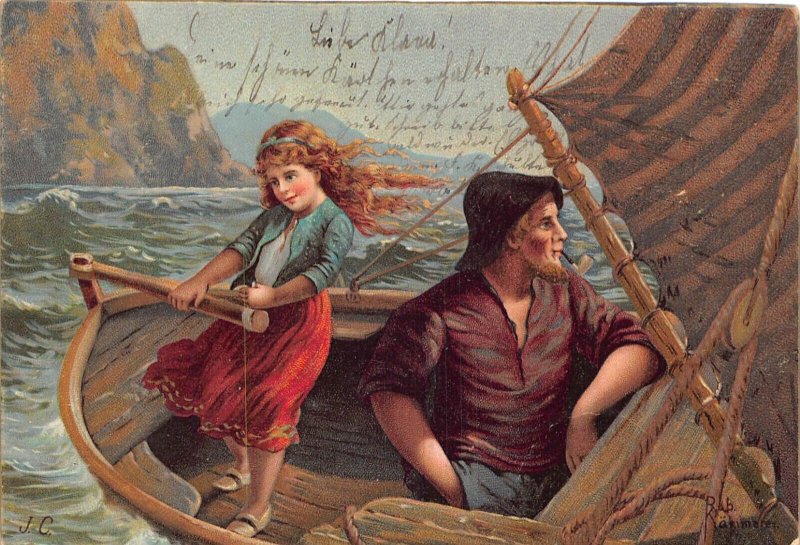 Girl Sailing a Boat, Father Smoking Pipe Art signed JC 1904 vintage postcard