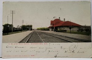 Wisconsin CM & St Paul Depot Watertown Wisconsin 1906 Hand Colored Postcard H17